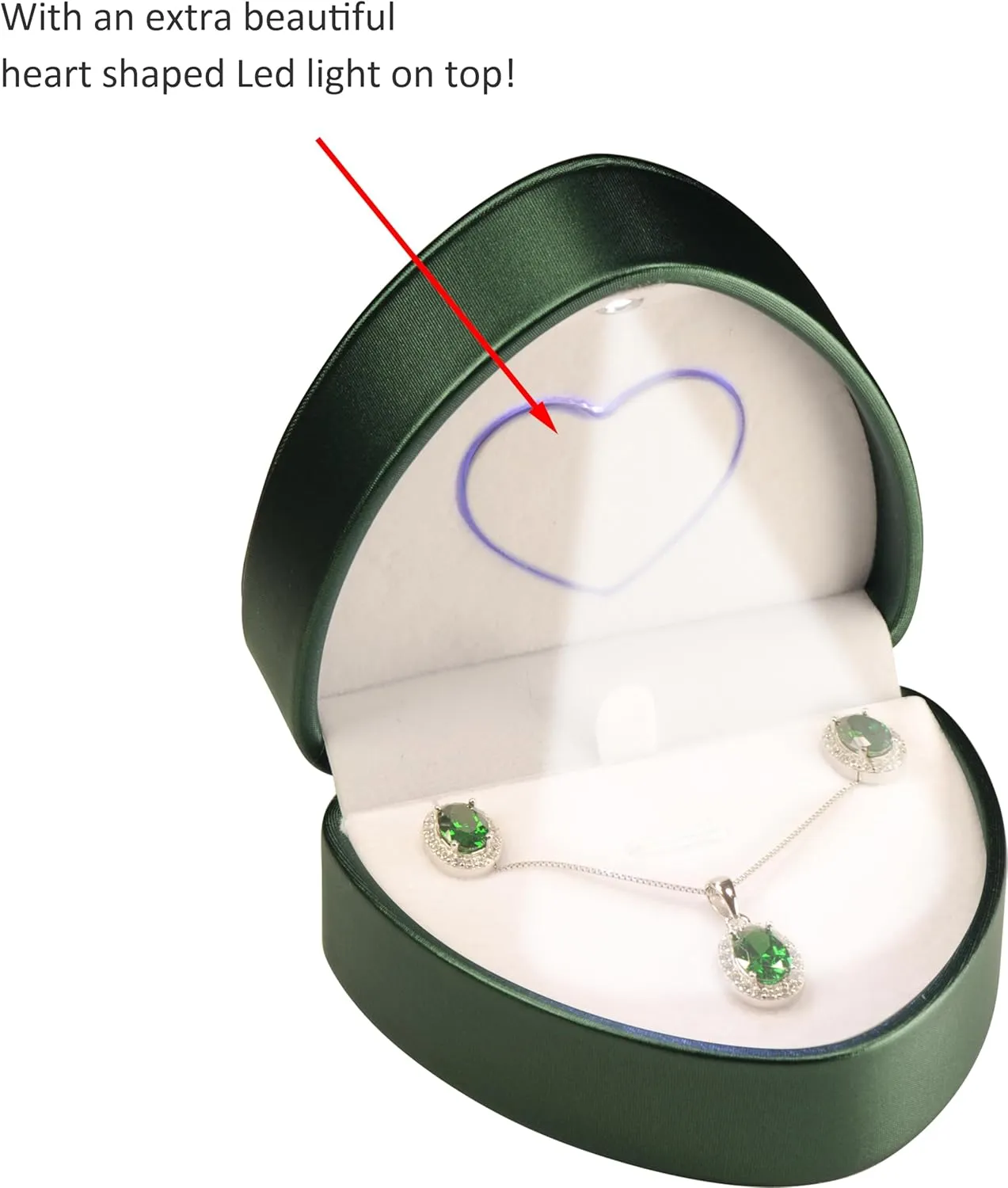 LED Necklace Earrings Box for Engagement, WeddingUnique Designed Heart to Heart Idea PU Leather Heart Shaped Necklace Pendant Earring Jewelry Gift Holder Box with Light for Men for Women (Green)