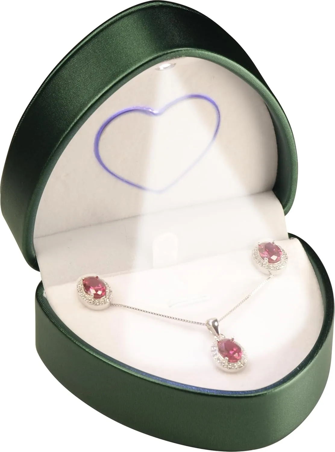 LED Necklace Earrings Box for Engagement, WeddingUnique Designed Heart to Heart Idea PU Leather Heart Shaped Necklace Pendant Earring Jewelry Gift Holder Box with Light for Men for Women (Green)