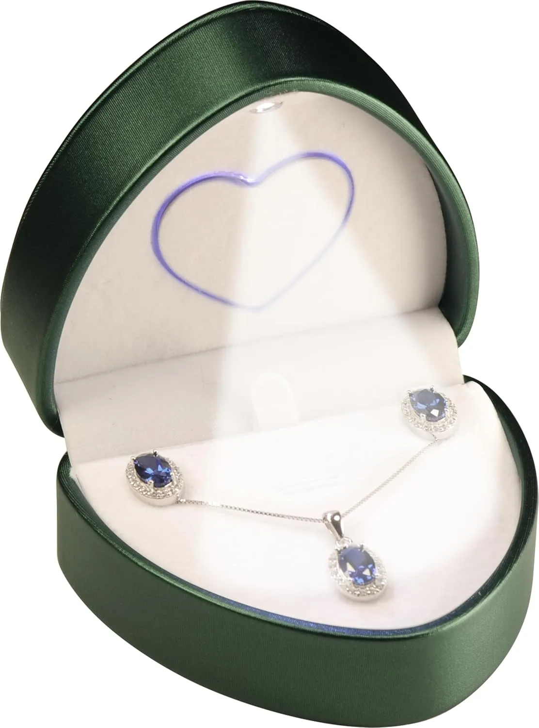 LED Necklace Earrings Box for Engagement, WeddingUnique Designed Heart to Heart Idea PU Leather Heart Shaped Necklace Pendant Earring Jewelry Gift Holder Box with Light for Men for Women (Green)
