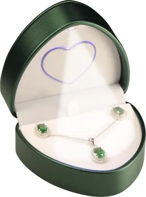 LED Necklace Earrings Box for Engagement, WeddingUnique Designed Heart to Heart Idea PU Leather Heart Shaped Necklace Pendant Earring Jewelry Gift Holder Box with Light for Men for Women (Green)