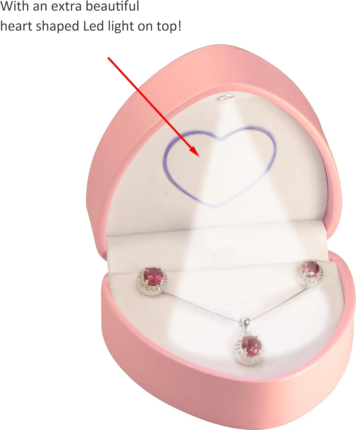 LED Necklace Earrings Box for Engagement, WeddingUnique Designed Heart to Heart Idea PU Leather Heart Shaped Necklace Pendant Earring Jewelry Gift Holder Box with Light for Men for Women (Pink)