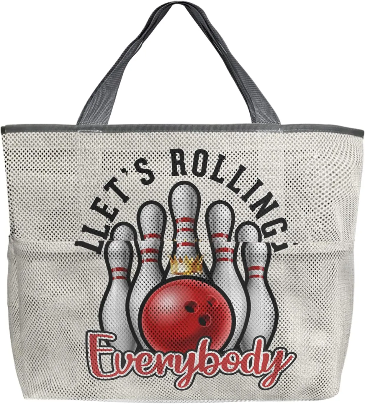 Let's Bowling Everybody Beach Tote Bag for Women, Red Ball Rustic Burlap Mesh Beach Bags Waterproof Sandproof, Outdoor Picnic Swim Pool Handbag - Large Beach Bag with Zipper and Pockets