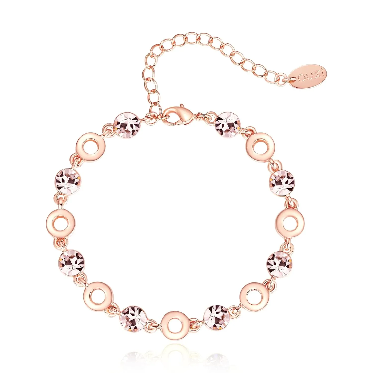Light Pink Crystal Bracelets for Women Trendy, OUXi 18K Rose Gold Plated Cubic Zirconia Wedding Tennies Jewelry Bracelets, Dainty Birthstone Hand Chain for Christmas Mother Birthday Valentines Day