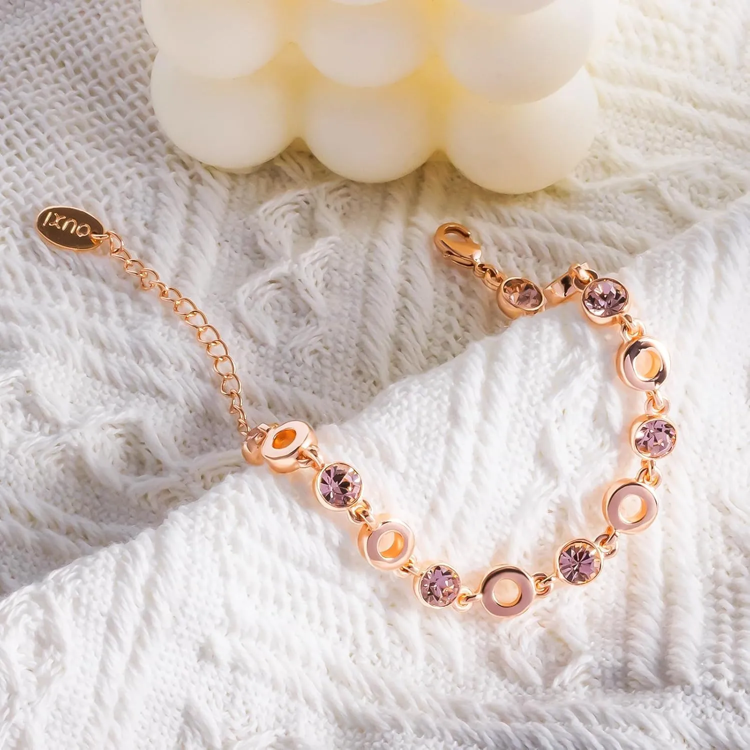 Light Pink Crystal Bracelets for Women Trendy, OUXi 18K Rose Gold Plated Cubic Zirconia Wedding Tennies Jewelry Bracelets, Dainty Birthstone Hand Chain for Christmas Mother Birthday Valentines Day