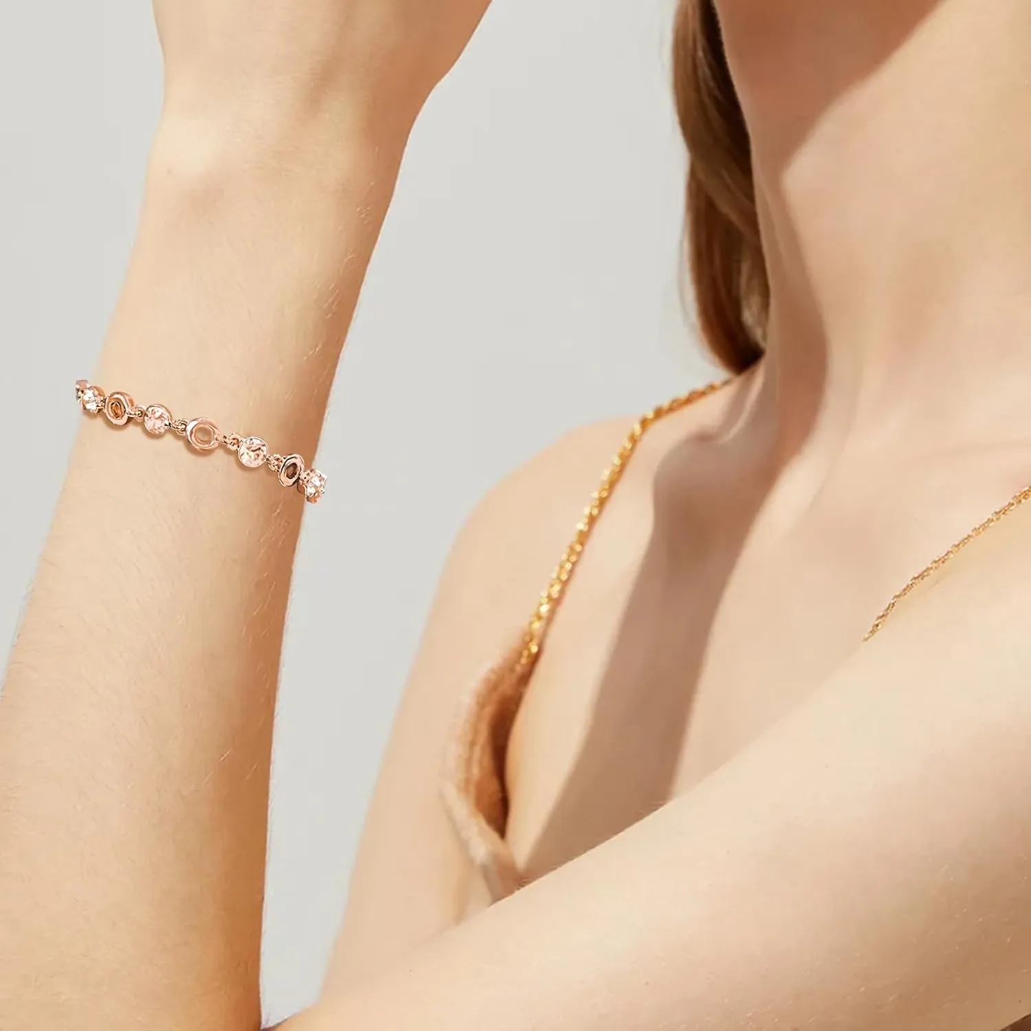 Light Pink Crystal Bracelets for Women Trendy, OUXi 18K Rose Gold Plated Cubic Zirconia Wedding Tennies Jewelry Bracelets, Dainty Birthstone Hand Chain for Christmas Mother Birthday Valentines Day