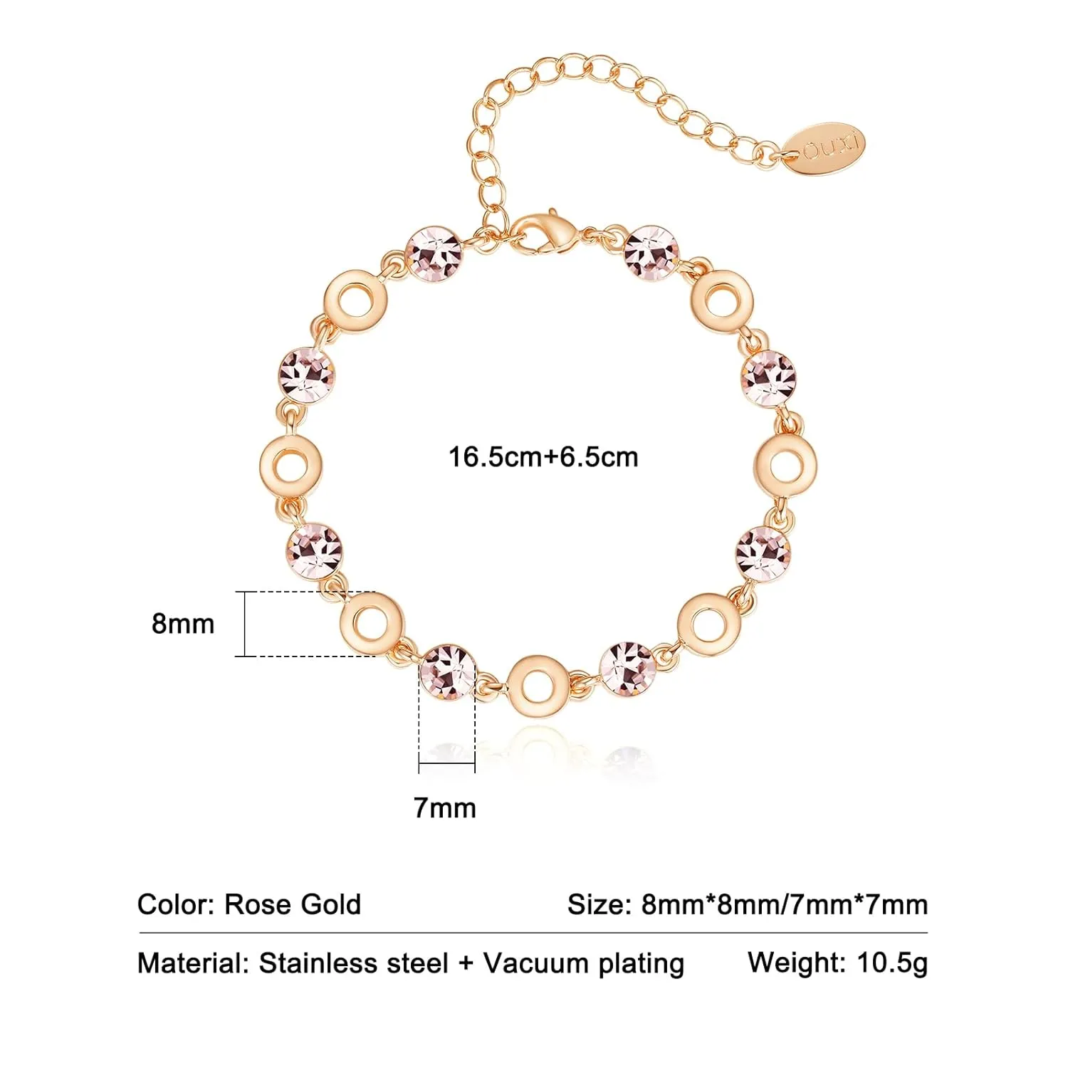 Light Pink Crystal Bracelets for Women Trendy, OUXi 18K Rose Gold Plated Cubic Zirconia Wedding Tennies Jewelry Bracelets, Dainty Birthstone Hand Chain for Christmas Mother Birthday Valentines Day