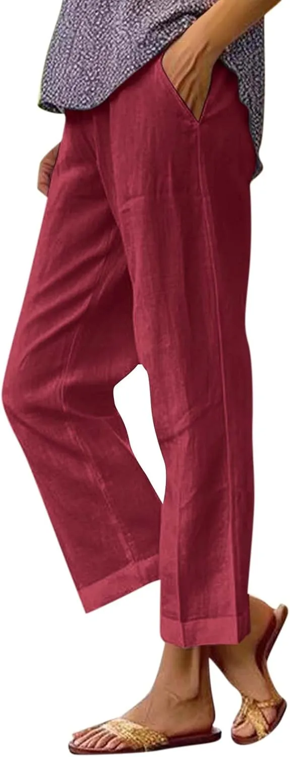 Lightweight Summer Pants Women Elastic Waist Linen Wide Leg Crop Pants Straight Leg Plus Size Capri Pants with Pocket