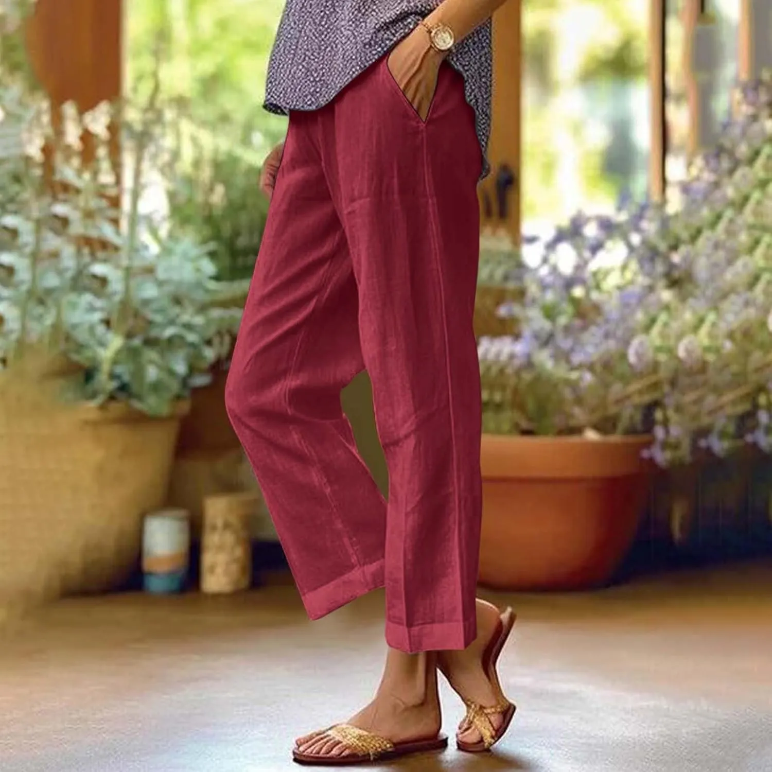Lightweight Summer Pants Women Elastic Waist Linen Wide Leg Crop Pants Straight Leg Plus Size Capri Pants with Pocket