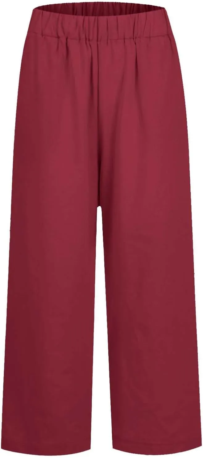 Lightweight Summer Pants Women Elastic Waist Linen Wide Leg Crop Pants Straight Leg Plus Size Capri Pants with Pocket