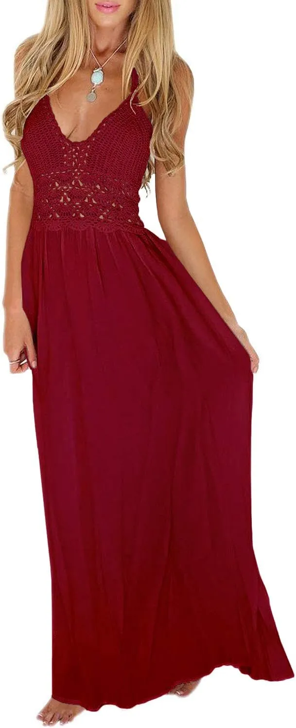 LILBETTER Women's Beach Crochet Backless Bohemian Halter Maxi Long Dress