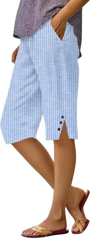 Linen Capri Pants for Women Casual Summer Retro Stripe Bermuda Shorts Light Weight Knee Length Plus Size Trousers