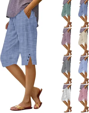 Linen Capri Pants for Women Casual Summer Retro Stripe Bermuda Shorts Light Weight Knee Length Plus Size Trousers