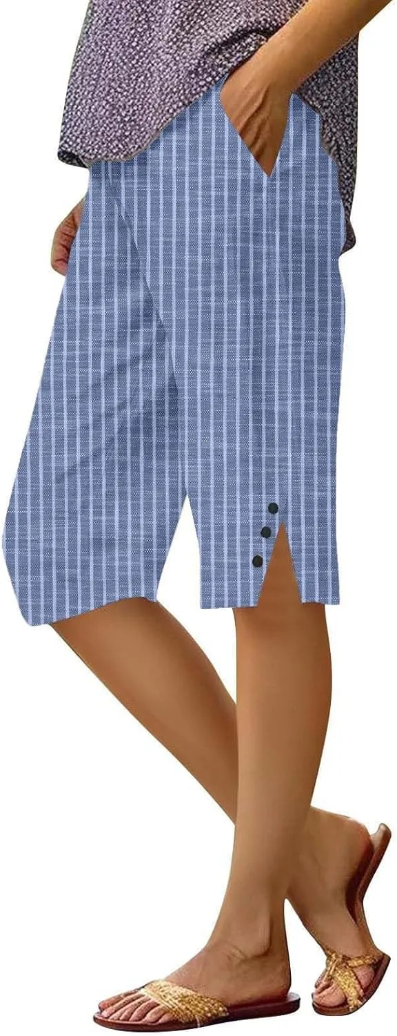 Linen Capri Pants for Women Casual Summer Retro Stripe Bermuda Shorts Light Weight Knee Length Plus Size Trousers