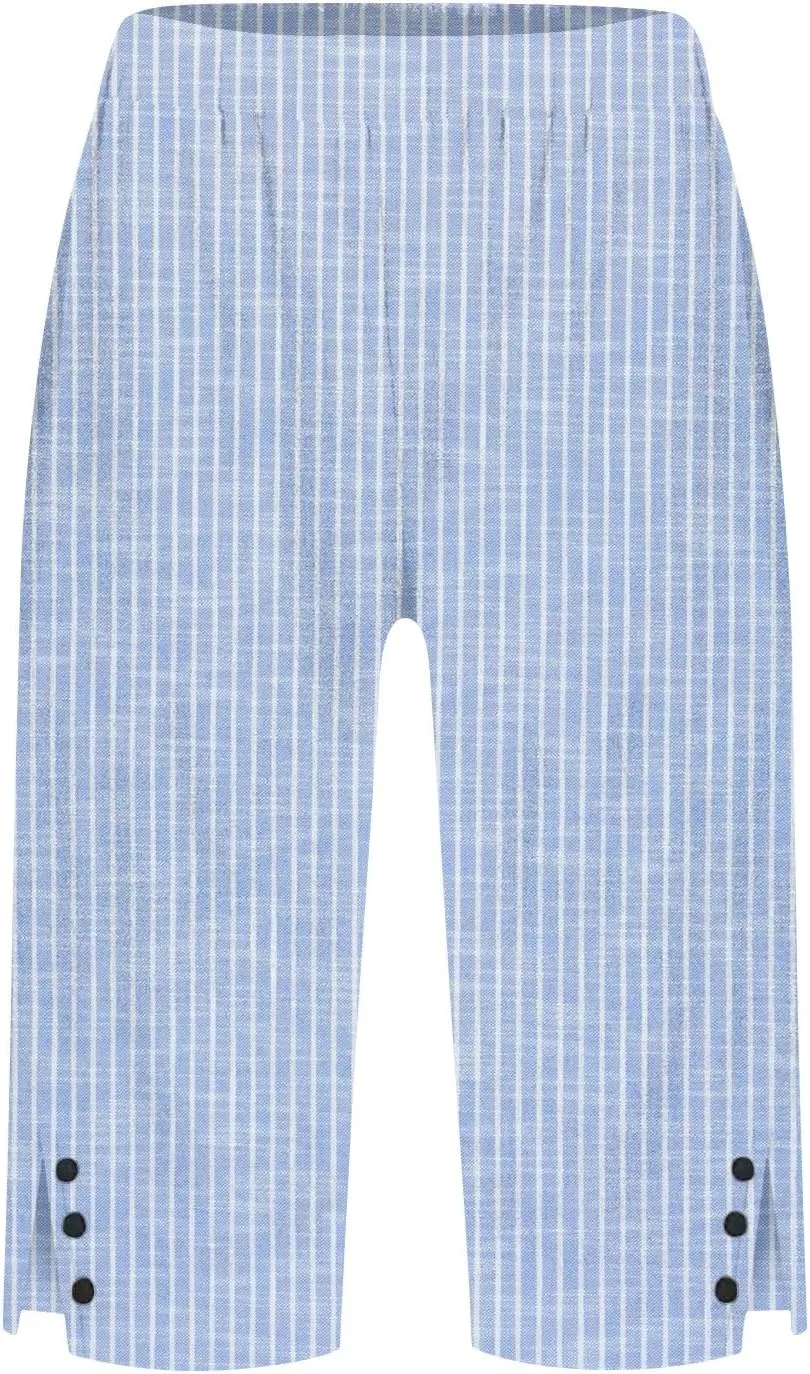Linen Capri Pants for Women Casual Summer Retro Stripe Bermuda Shorts Light Weight Knee Length Plus Size Trousers