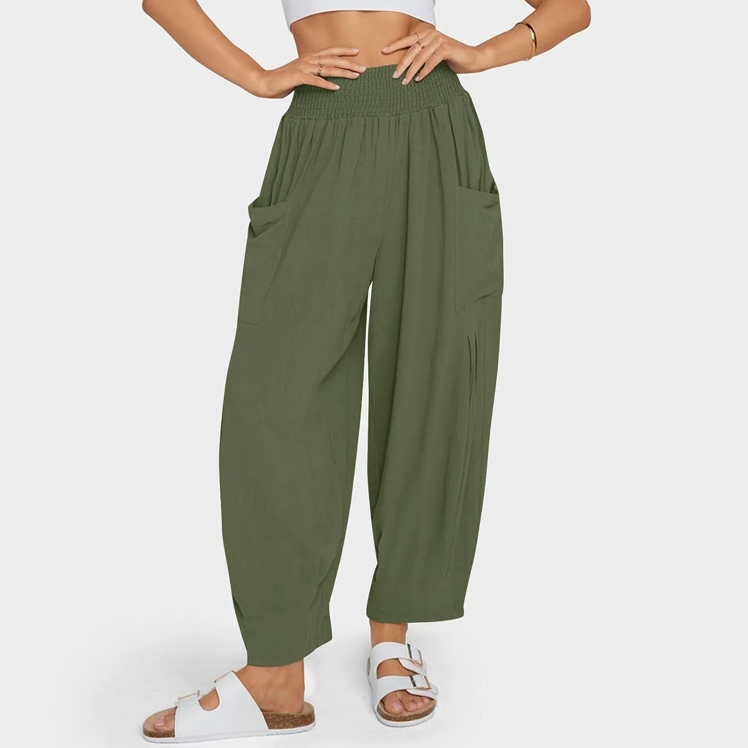 Linen Harem Pants Women with Pockets Boho Summer Casual Loose High Waist Cargo Lounge Beach Travel Vacation Outfits
