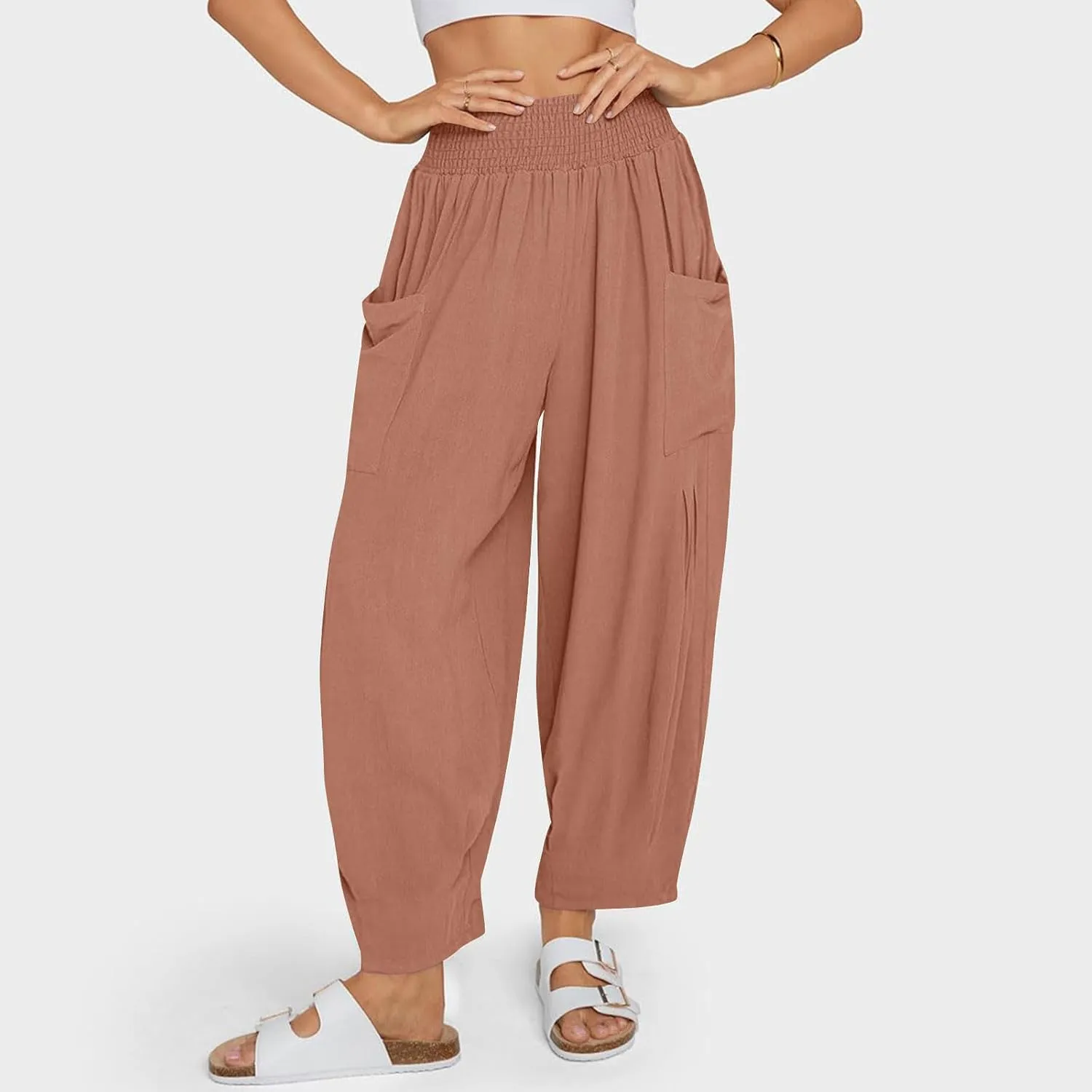 Linen Harem Pants Women with Pockets Boho Summer Casual Loose High Waist Cargo Lounge Beach Travel Vacation Outfits