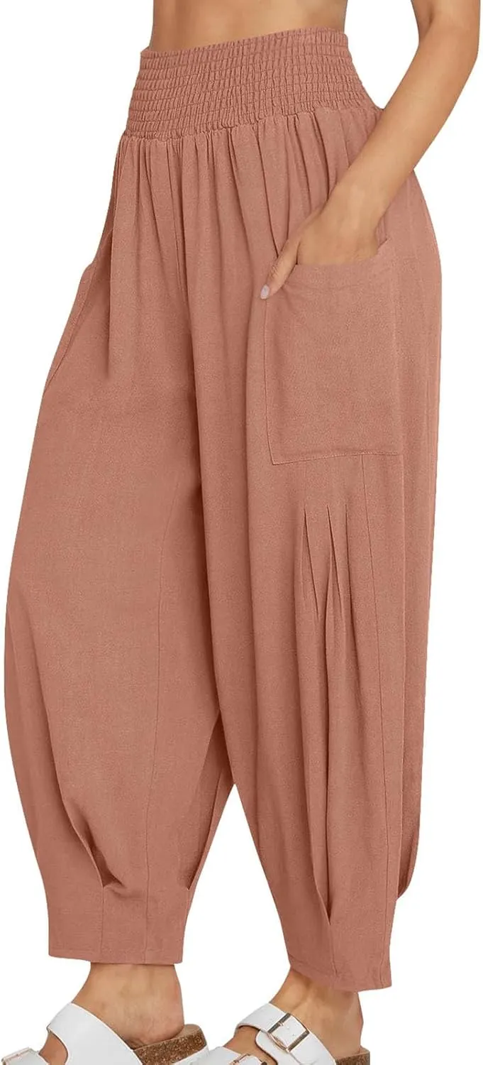 Linen Harem Pants Women with Pockets Boho Summer Casual Loose High Waist Cargo Lounge Beach Travel Vacation Outfits