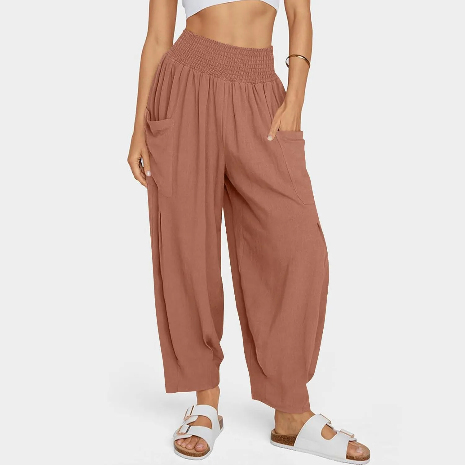 Linen Harem Pants Women with Pockets Boho Summer Casual Loose High Waist Cargo Lounge Beach Travel Vacation Outfits