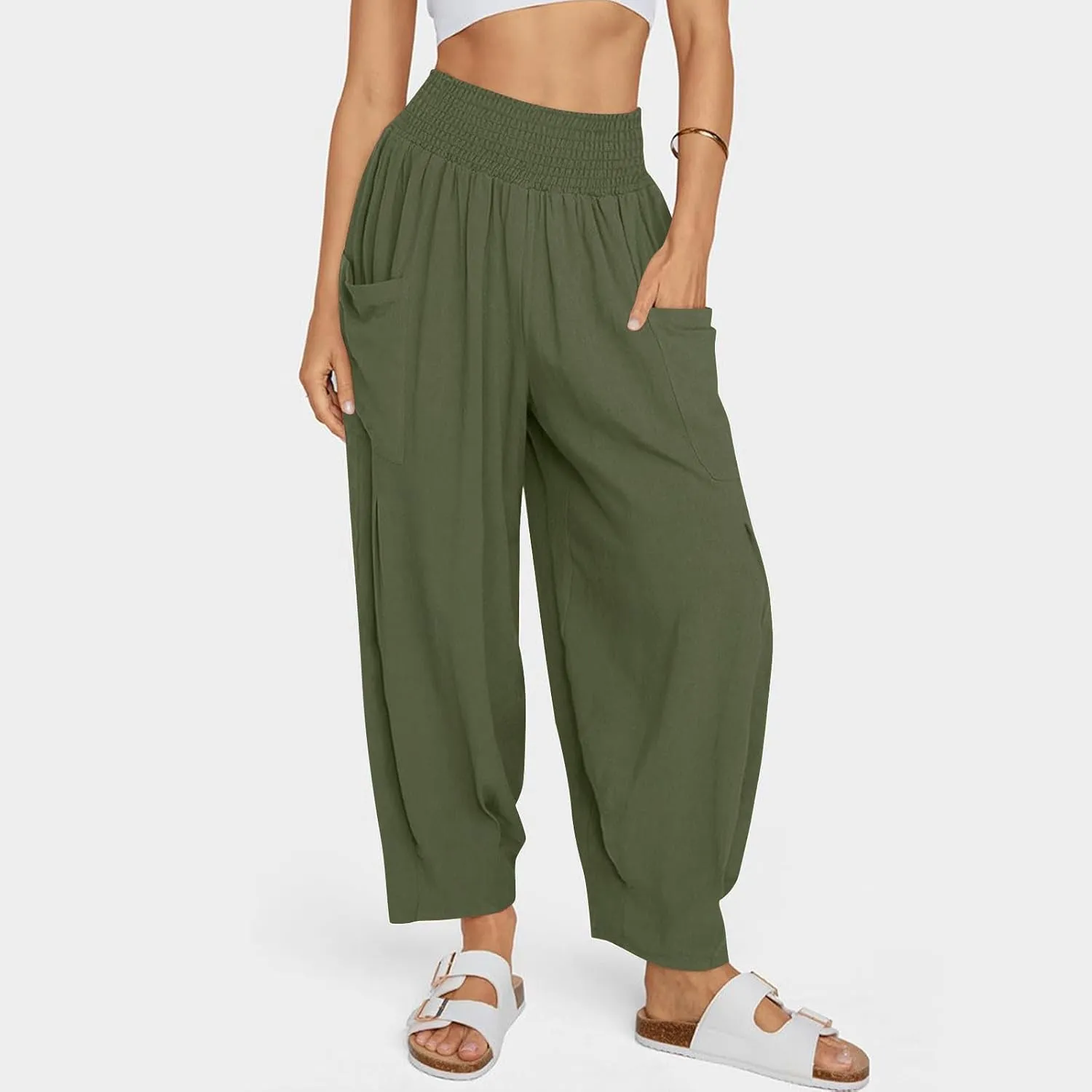 Linen Harem Pants Women with Pockets Boho Summer Casual Loose High Waist Cargo Lounge Beach Travel Vacation Outfits