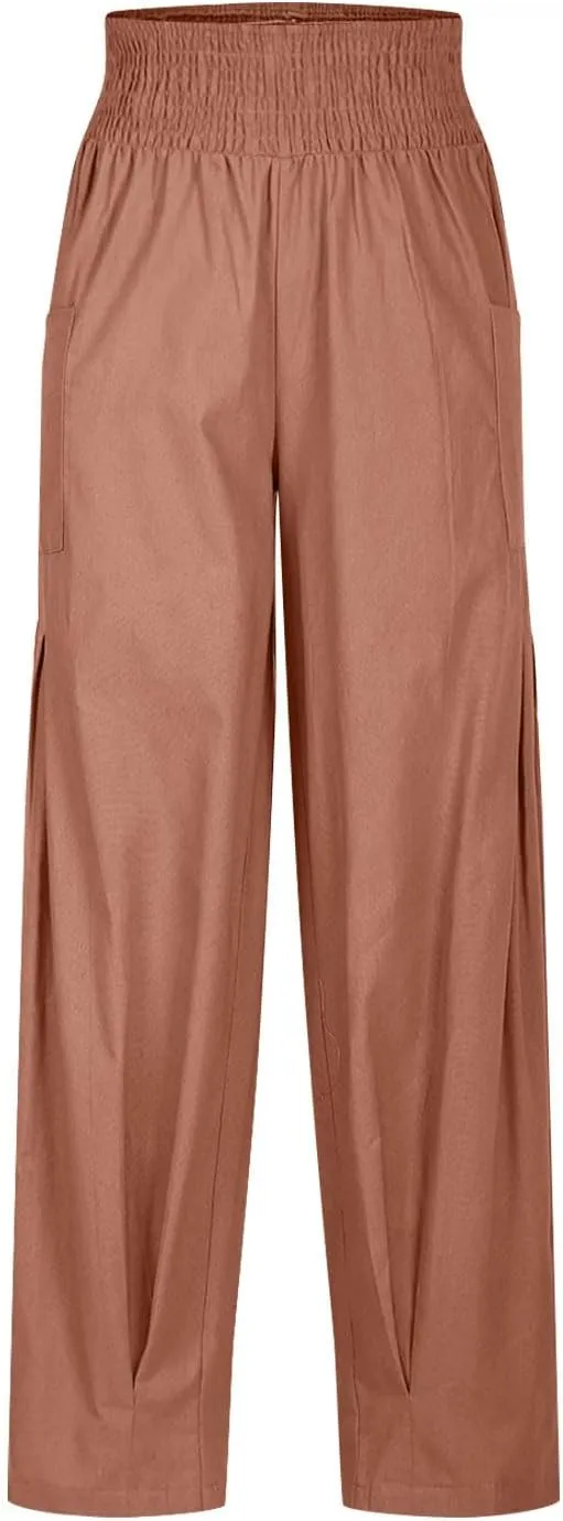 Linen Harem Pants Women with Pockets Boho Summer Casual Loose High Waist Cargo Lounge Beach Travel Vacation Outfits
