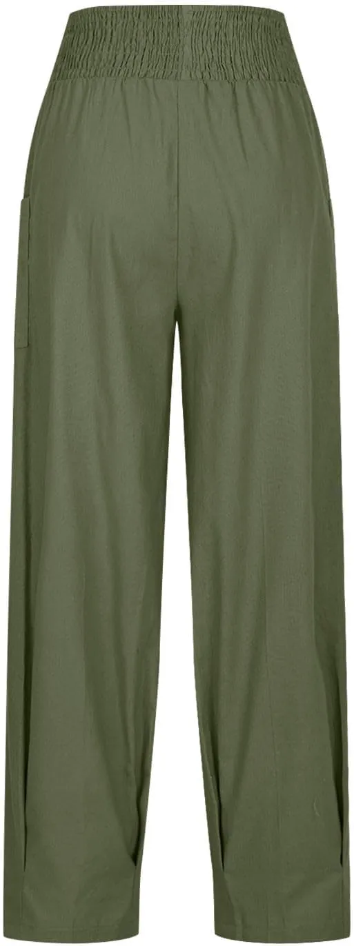 Linen Harem Pants Women with Pockets Boho Summer Casual Loose High Waist Cargo Lounge Beach Travel Vacation Outfits