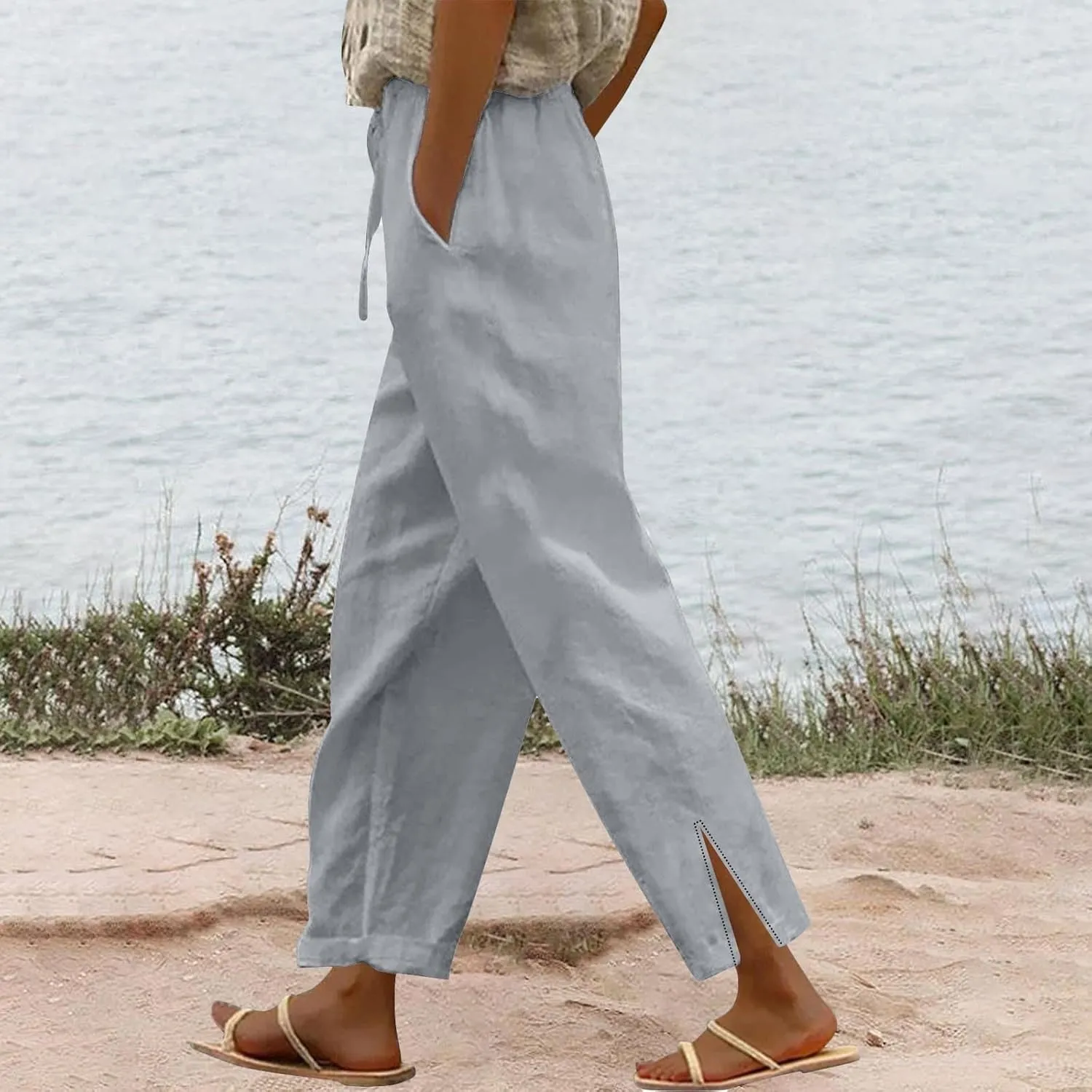Linen Pants for Women 2025 High Waist Elastic Straight Leg Pant Casual Loose Lightweight Summer Beach Trousers