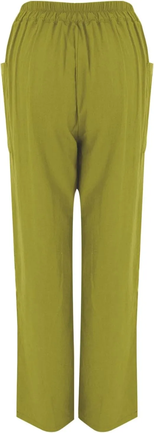 Linen Pants for Women Drawstring Elastic Waisted Palazzo Pants High Waist Loose Lightweight Trousers with Pockets