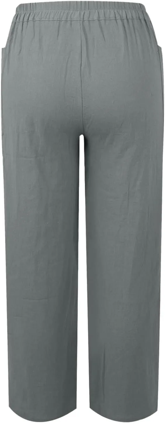 Linen Pants for Women Drawstring Elastic Waisted Palazzo Pants High Waist Loose Lightweight Trousers with Pockets
