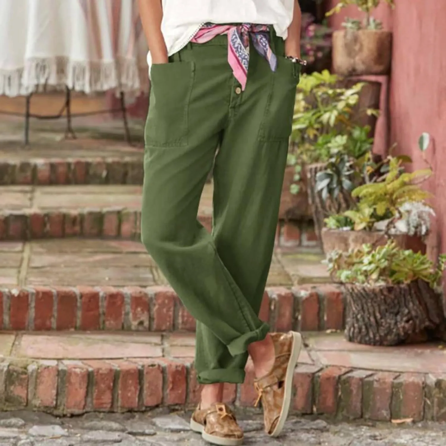 Linen Pants for Women Drawstring Elastic Waisted Palazzo Pants High Waist Loose Lightweight Trousers with Pockets