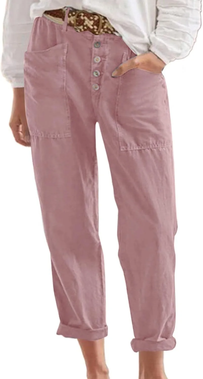 Linen Pants for Women Drawstring Elastic Waisted Palazzo Pants High Waist Loose Lightweight Trousers with Pockets