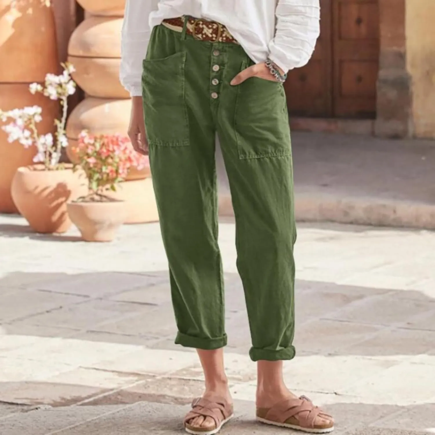 Linen Pants for Women Drawstring Elastic Waisted Palazzo Pants High Waist Loose Lightweight Trousers with Pockets