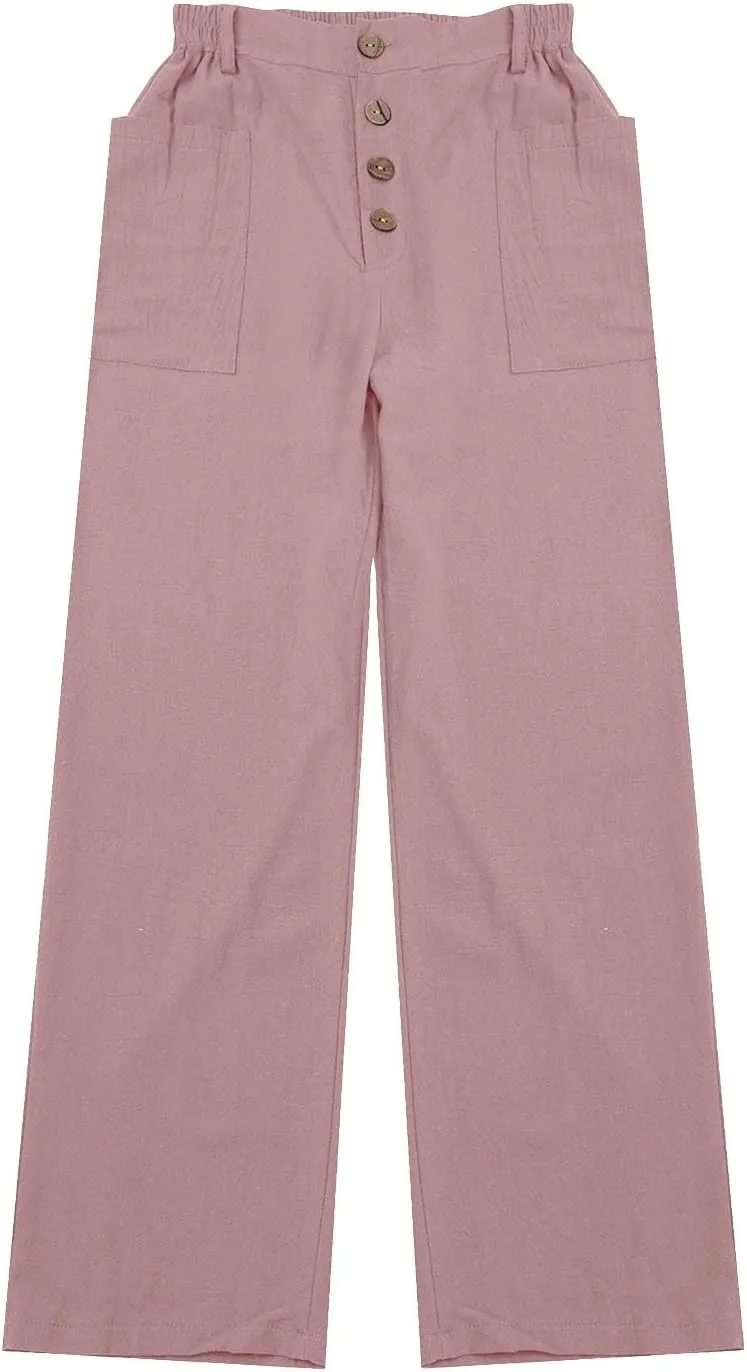 Linen Pants for Women Drawstring Elastic Waisted Palazzo Pants High Waist Loose Lightweight Trousers with Pockets