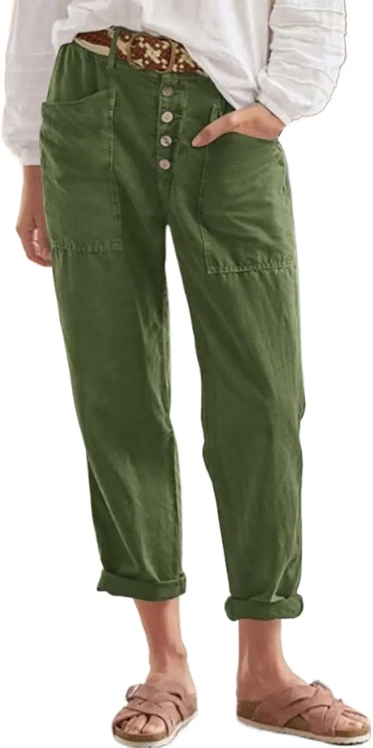Linen Pants for Women Drawstring Elastic Waisted Palazzo Pants High Waist Loose Lightweight Trousers with Pockets