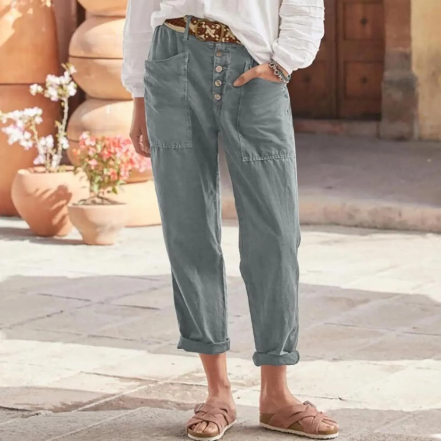 Linen Pants for Women Drawstring Elastic Waisted Palazzo Pants High Waist Loose Lightweight Trousers with Pockets