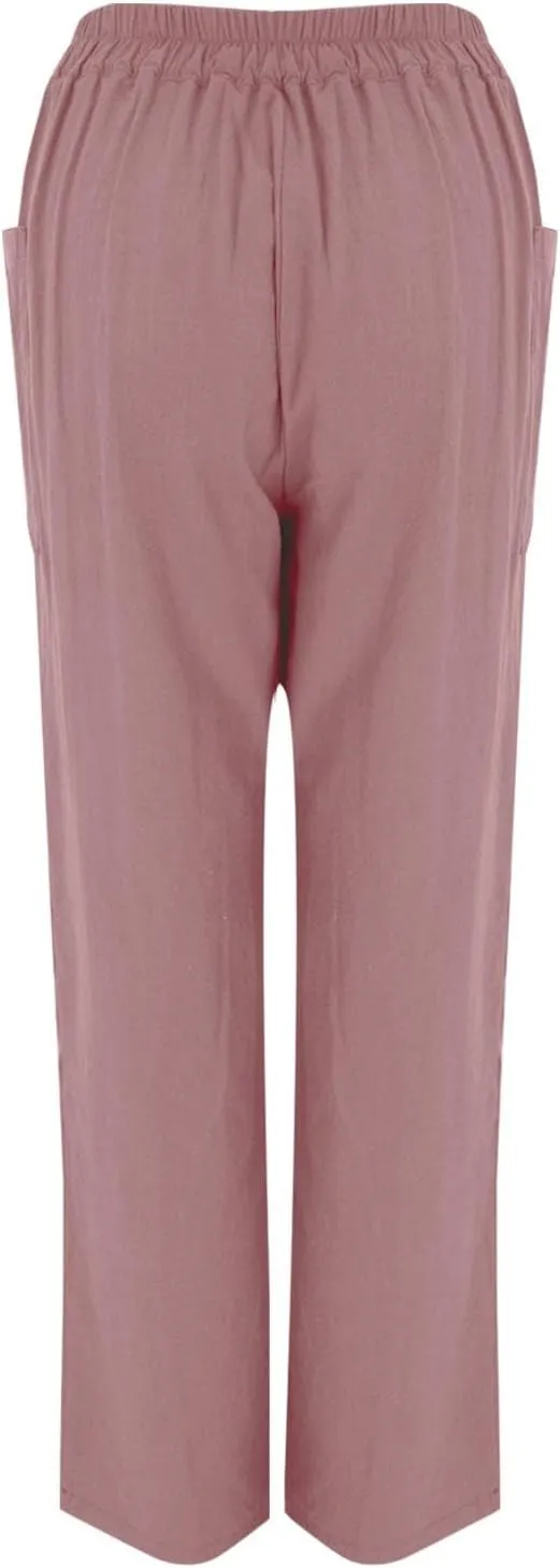 Linen Pants for Women Drawstring Elastic Waisted Palazzo Pants High Waist Loose Lightweight Trousers with Pockets