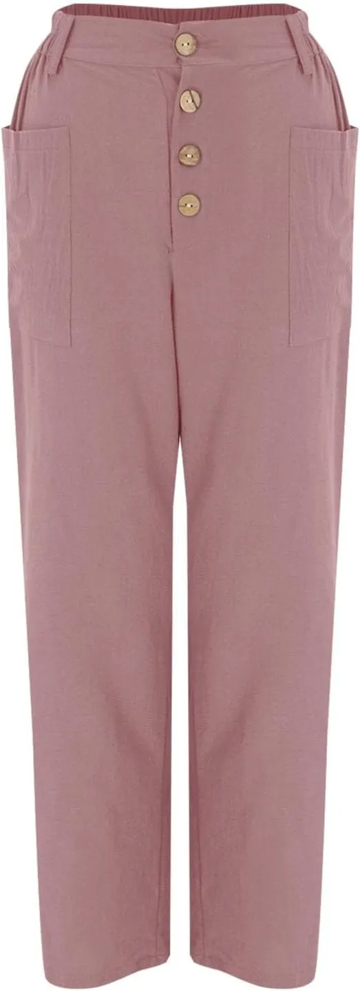Linen Pants for Women Drawstring Elastic Waisted Palazzo Pants High Waist Loose Lightweight Trousers with Pockets