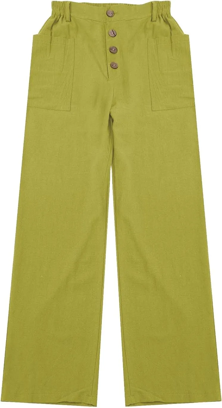 Linen Pants for Women Drawstring Elastic Waisted Palazzo Pants High Waist Loose Lightweight Trousers with Pockets