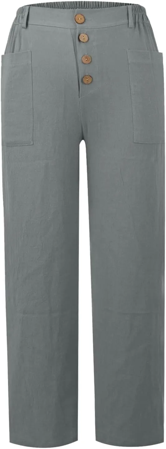 Linen Pants for Women Drawstring Elastic Waisted Palazzo Pants High Waist Loose Lightweight Trousers with Pockets