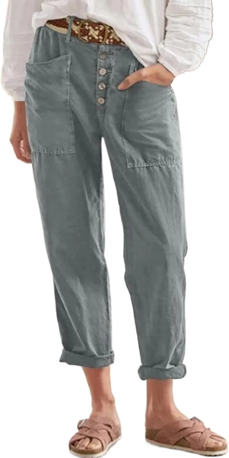 Linen Pants for Women Drawstring Elastic Waisted Palazzo Pants High Waist Loose Lightweight Trousers with Pockets