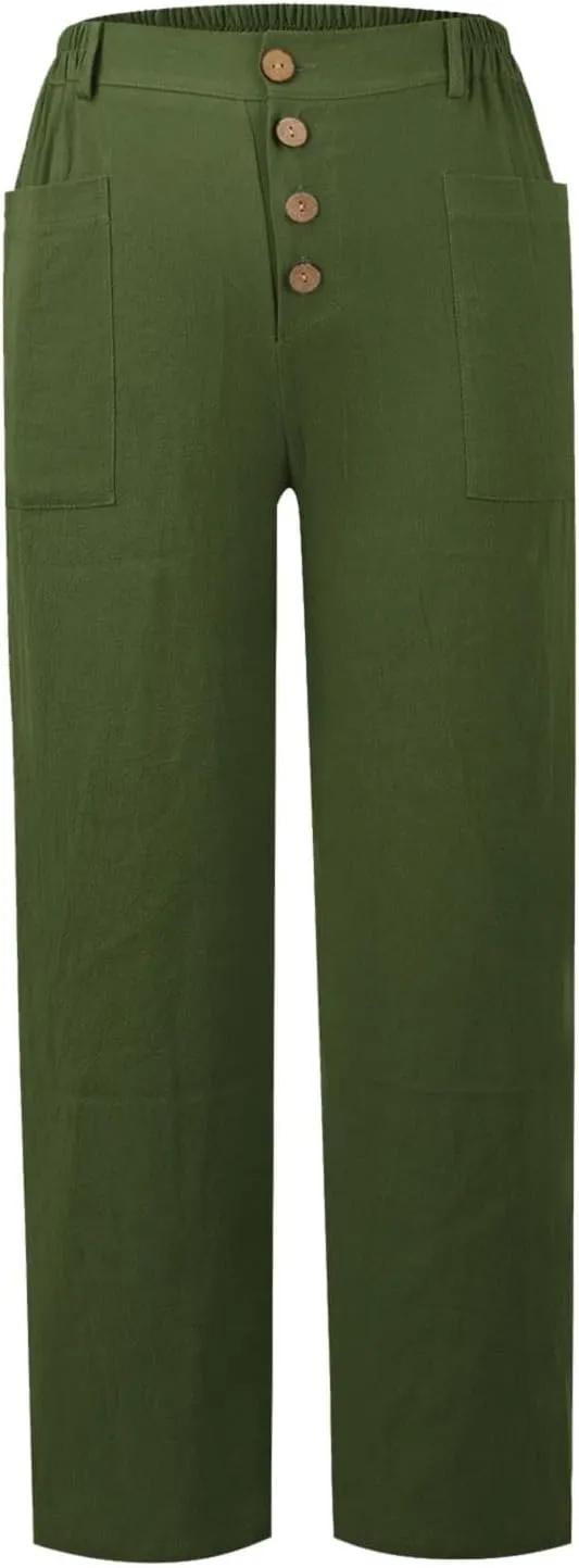 Linen Pants for Women Drawstring Elastic Waisted Palazzo Pants High Waist Loose Lightweight Trousers with Pockets