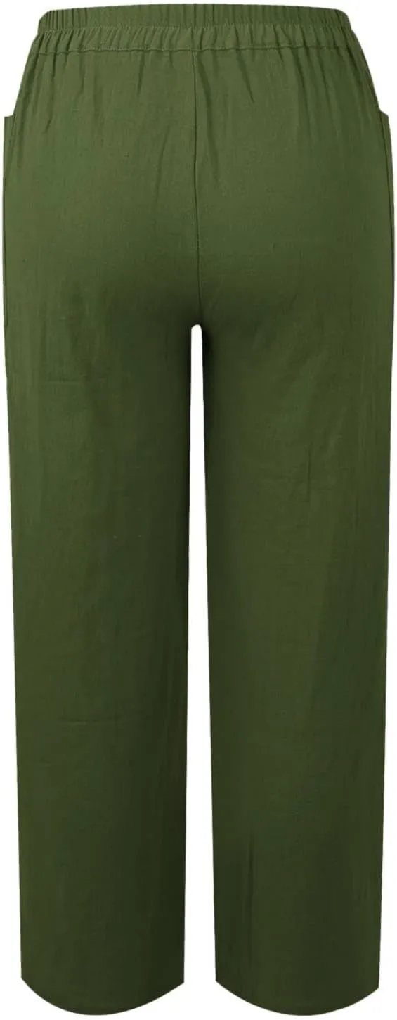 Linen Pants for Women Drawstring Elastic Waisted Palazzo Pants High Waist Loose Lightweight Trousers with Pockets