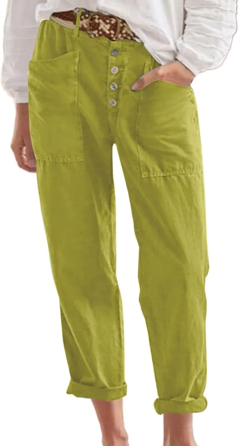 Linen Pants for Women Drawstring Elastic Waisted Palazzo Pants High Waist Loose Lightweight Trousers with Pockets