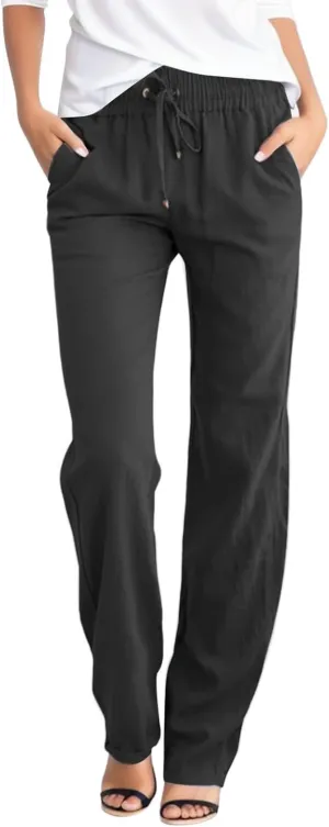 Linen Pants for Women High Waist Drawstring Casual Straight Leg Relax Fit Trousers Summer Beach Pant with Pockets