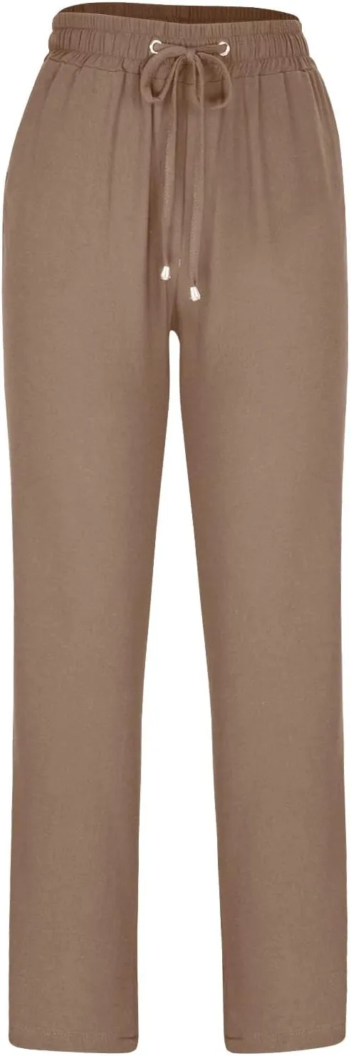 Linen Pants for Women Summer Lightweight Drawstring Elastic Waist Pants Loose Comfy Wide Leg Trousers with Pockets
