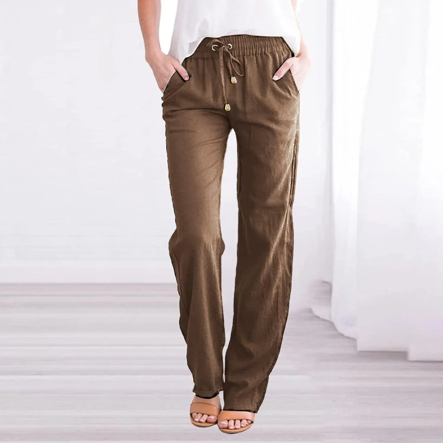 Linen Pants for Women Summer Lightweight Drawstring Elastic Waist Pants Loose Comfy Wide Leg Trousers with Pockets