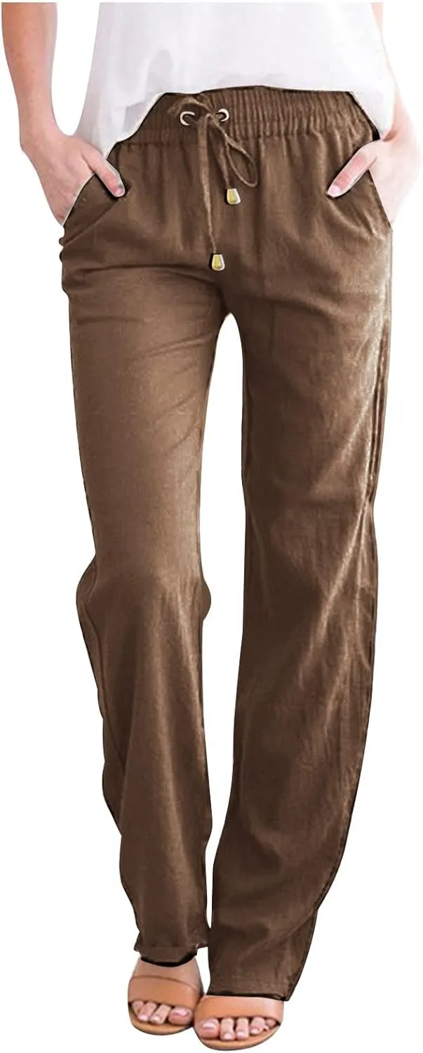 Linen Pants for Women Summer Lightweight Drawstring Elastic Waist Pants Loose Comfy Wide Leg Trousers with Pockets
