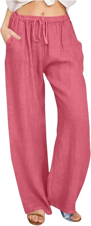 Linen Pants for Women Wide Leg Casual Drawstring Elastic Waist Trousers Solid Color Lounge Pants with Pockets
