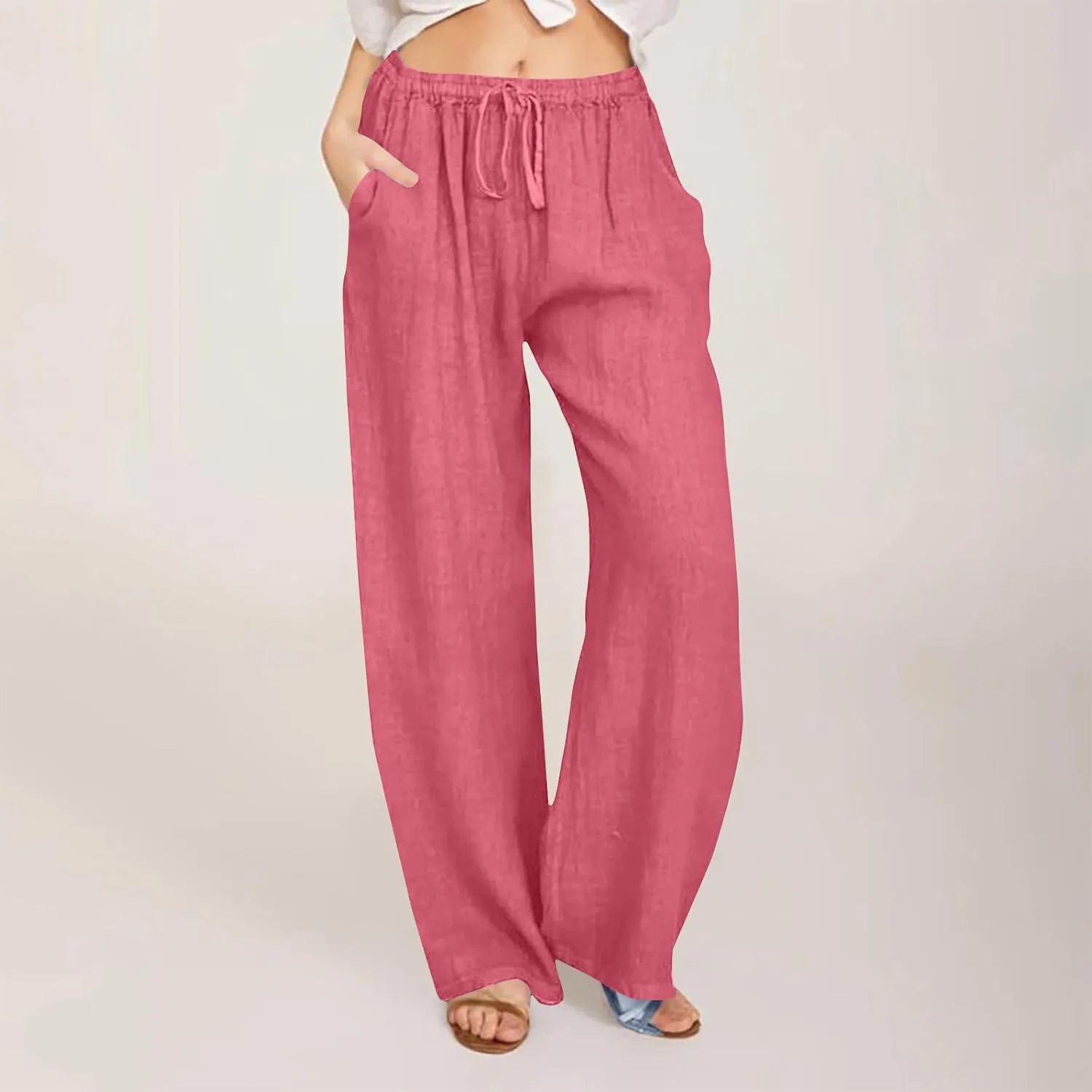 Linen Pants for Women Wide Leg Casual Drawstring Elastic Waist Trousers Solid Color Lounge Pants with Pockets