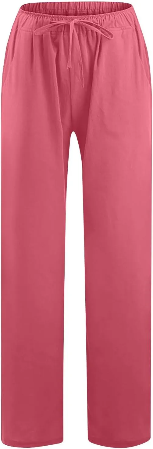 Linen Pants for Women Wide Leg Casual Drawstring Elastic Waist Trousers Solid Color Lounge Pants with Pockets