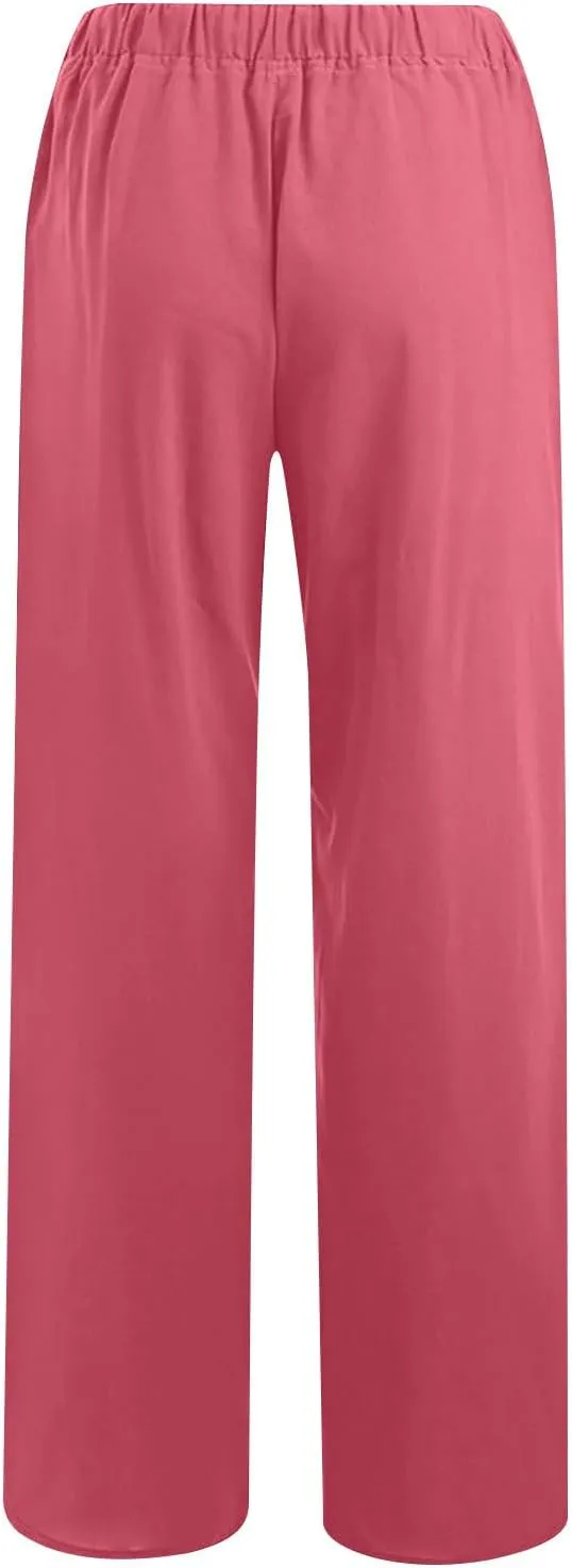 Linen Pants for Women Wide Leg Casual Drawstring Elastic Waist Trousers Solid Color Lounge Pants with Pockets